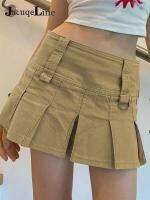 Jacqueline Prepply Retro Cute Y2K Khaki Skirts Women Summer Sporty Low Waisted Pleated Button Mini Short Skirts Korean Vintage