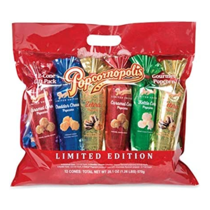 Popcornopolis 12 Pack Cones Including Zebra, Cheddar, Caramel and