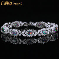 CWWZircons Oval Genuine Mystical Rainbow Fire CZ Crystal Topaz Bracelet 925 Sterling Silver Vintage Gift for Women Jewelry CB174