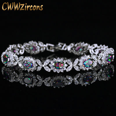 CWWZircons Oval Genuine Mystical Rainbow Fire CZ Crystal Topaz Bracelet 925 Sterling Silver Vintage Gift for Women Jewelry CB174