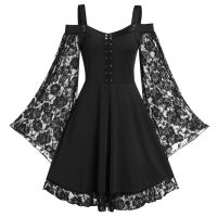 Gothic Vintage Lace Patchwork Women Dress Plus Size Goth Bandage Ladies Spaghetti Strap Dresses