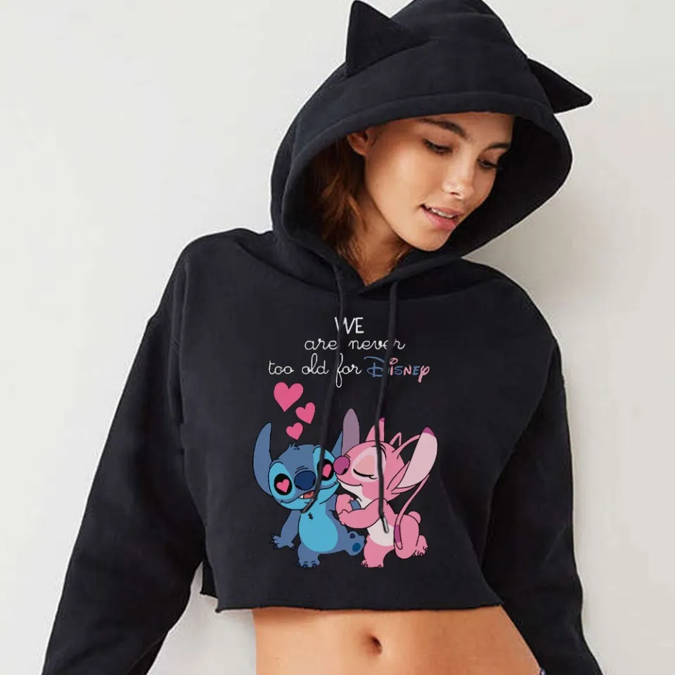 Disney Lilo Stitch Funny Print Hoodies Oversized Streetwear Fashion Cool  Black Drawstring Short Crop Hoodie Women Cat Ears Hood | Lazada PH
