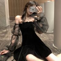 Gothic y Dress Vintage Off Shoulder Lanter Sleeve Mesh Patchwork Velvet Mini Dress Dark Street Grunge Black Dress For Female