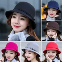 Yixian หมวกหมวกห้อยกะลาหมวกสักหลาด Topi Bucket หมวกปีกกว้างสำหรับผู้หญิงหมวกโบสถ์ให้ความอบอุ่นแนววินเทจ1ชิ้น