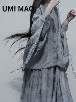 UMI MAO สไตล์จีน Hanfu ฤดูใบไม้ผลิฤดูร้อนอาวุโสสีเทา Dolman แขน Drawstring หลวมสบายๆปุ่มขึ้นเสื้อผู้หญิง Y2K ด้านบน