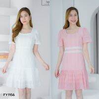 (S-XL) เดรสสั้นคอเหลี่ยม ช่วงเอวแต่งแถบลูกไม้ ชายระบายพรีท [IFY1156] - ICANDIDSHOP