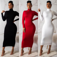 Sexy Robe High Neck Midi Dress Autumn New Long Sleeve Solid Color Elegant Womans Dress Slim Loose White Bag Hip Skirt Stitching