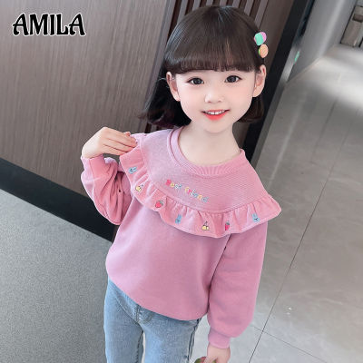 AMILA สาวเสื้อกันหนาวเวอร์ชั่นเกาหลีใหม่แขนยาวเสื้อยืดเด็กสไตล์ต่างประเทศเสื้อสวมหัวแฟชั่นเด็กด้านบน