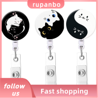 RUPANBO039392692คลิปป้ายหดเก็บได้รีลพลาสติกสีดำตลก ID สีดำตลกซองใส่บัตรตราแมวสำนักงานโลหะสีดำ