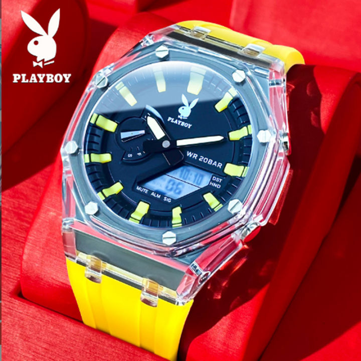 100-ของแท้-plyboy-นาฬิกาผู้ชาย2023-โครโนกราฟ-สายซิลิโคน-ใหม่-กันน้ำ-led-ส่องสว่าง-แฟชั่น-นาฬิกากีฬา