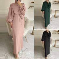 Spot Abaya ผู้หญิงมุสลิมมาเลเซียชุดแฟชั่น Lantern Sleeve Bundle เอว Wrap สะโพกรอบคอ Robe