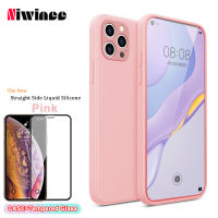 NIWINEE สำหรับ iPhone 6 6S 7 8 6 6S Plus 7 8 Plus 11 11 Pro 11 Pro Max X XS XR XS MAX โทรศัพท์ตรงขอบสี่เหลี่ยมซิลิโคนกรณี Carema เชลล์และกระจกเทมเปอร์กรณีนุ่มฝาครอบหลังซิลิโคนเหลวสีสันสดใส