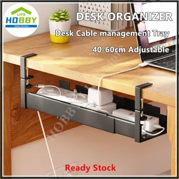 No Drilling Extendable Under Desk Cable Management, Metal Cable Management  Tray Under Desk with Clamp, Retractable Power Strip Cord Holder for Wire  Management 31Inch 