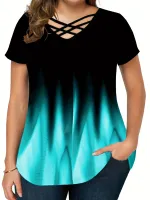 NianMiao Plus Size Casual T-shirt, Womens Plus Ombre Print Criss Cross Short Sleeve V Neck Tee