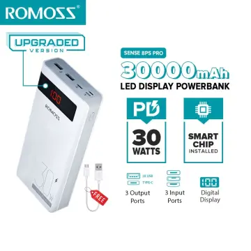 Romoss (sense 8+) power bank Digital 30,000 mAh - 18w Pd Usb C Portable  Charger With 3 Outputs & 3 Input