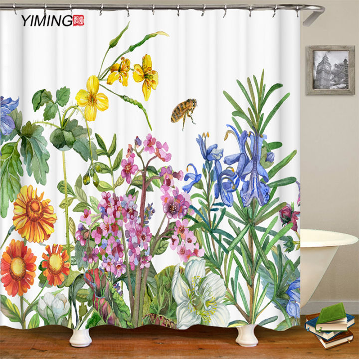 simple-flower-bee-3d-printing-bathroom-shower-curtain-polyester-waterproof-curtain-home-decoration-curtain-with-hook-180x200cm
