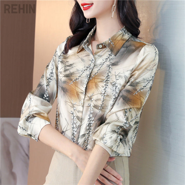 rehin-เสื้อชีฟองแขนยาวแฟชั่นย้อนยุค-เสื้อสตรีผ้าไหมมัลเบอร์รีย้อนยุคพิมพ์ลายเสื้อฤดูใบไม้ร่วง2021