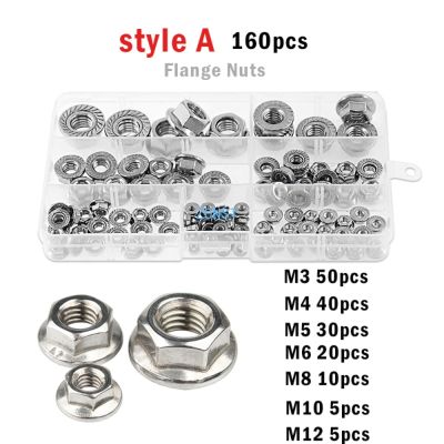【CW】 105/100pcs Flange Nut Set M3 M4 M5 M6 M8 M10 M12 Hexagon 304 Stainless Steel Serrated Spinlock Lock Nuts Assortment Kit