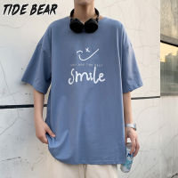 TIDE BEAR เสื้อยืดแขนห้าส่วนสำหรับผู้ชายพิมพ์ลายหน้ายิ้มแขนสั้นแบบหลวมแนววินเทจสไตล์ฮาราจูกุ