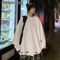 EERSHENSHI เสื้อยืดแขนยาวผู้ชายเสื้อกล้ามสีขาวตัดขอบผู้ชายเทรนด์สูงเสื้อกีฬาแขนยาวใส่เดินถนนหลวมใต้แขนยาว