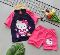 [2IKids] ชุดเด็ก งานสกรีนลายการ์ตูน แมว KT สีกรม ชมพู น่ารักมาก เท่ห์มาก เนื้อผ้าCotton100% (เสื้อยืดแขนสั้น สโลป + กางเกงขาสั้น)