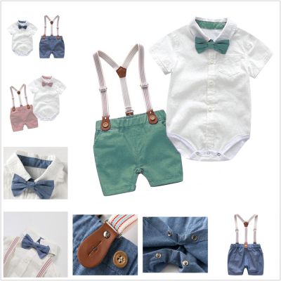 Baby Boy Clothes Summer Gentleman Birthday Suits Newborn Party Soft Cotton Solid Rmper + Belt Pants Infant Toddler Set