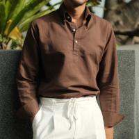 Brown linen button-down rolled collar long sleeve pull over shirt  เชิ้ตสวมคอผ้าลินินคอตตอนปกมีกระดุมทรงโค้งแขนยาว สีน้ำตาล