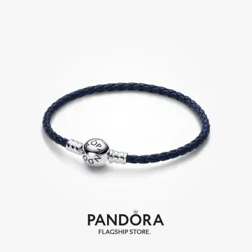 Pandora Moments Round Clasp Blue Braided Leather Bracelet, Sterling silver