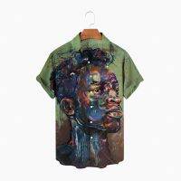 【cw】 Summer Harajuku oversized button beautiful oil painting pattern shirt male Korean fashion casual portrait beach Hawaii