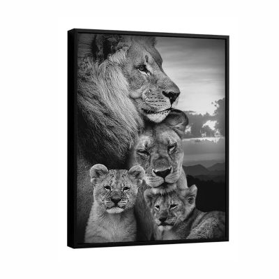 สิงโตแอฟริกันครอบครัวภาพวาดผ้าใบโปสเตอร์และภาพพิมพ์-สัตว์สีดำและสีขาวภาพผนังศิลปะสำหรับห้องนั่งเล่นตกแต่งบ้าน