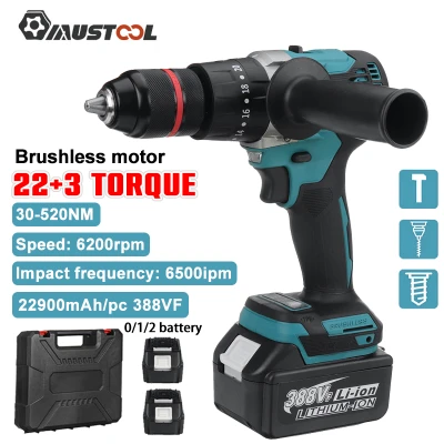 Mustool 388VF 13มม.สว่านกระแทกไร้สาย30-520N.m 20 + 3แรงบิด Brushless สว่านไขควงไฟฟ้า Makita 18V แบตเตอรี่