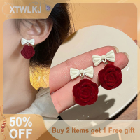 【XTWLKJ】 ของขวัญเครื่องประดับตุ้มหูสไตล์วินเทจสำหรับฤดูใบไม้ร่วงฤดูหนาวสไตล์ญี่ปุ่นต่างหูรูปดอกกุหลาบสีแดง