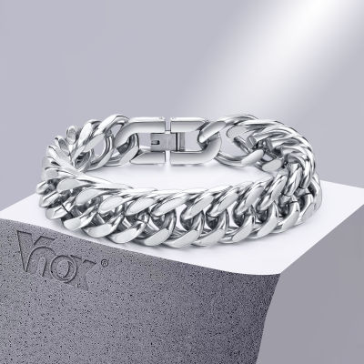 Vnox 12/15MM Width Stainless Steel Cuban Chain Bracelets for Men, Silver Color Fashion Hip Hop Male Boy Wristband Jewelry