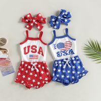 FOCUSNORM Independence Day Baby Girls 3PCS Clothes Sets Sleeveless Letter Flag Print Romper + Stars Shorts + Headband  by Hs2023