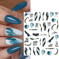 สติ๊กเกอร์ติดเล็บ Ink Blooming Marble Pattern Decals Sticker Blue Line Flower Leaves Face Slider For Summer Nail Art Decoration