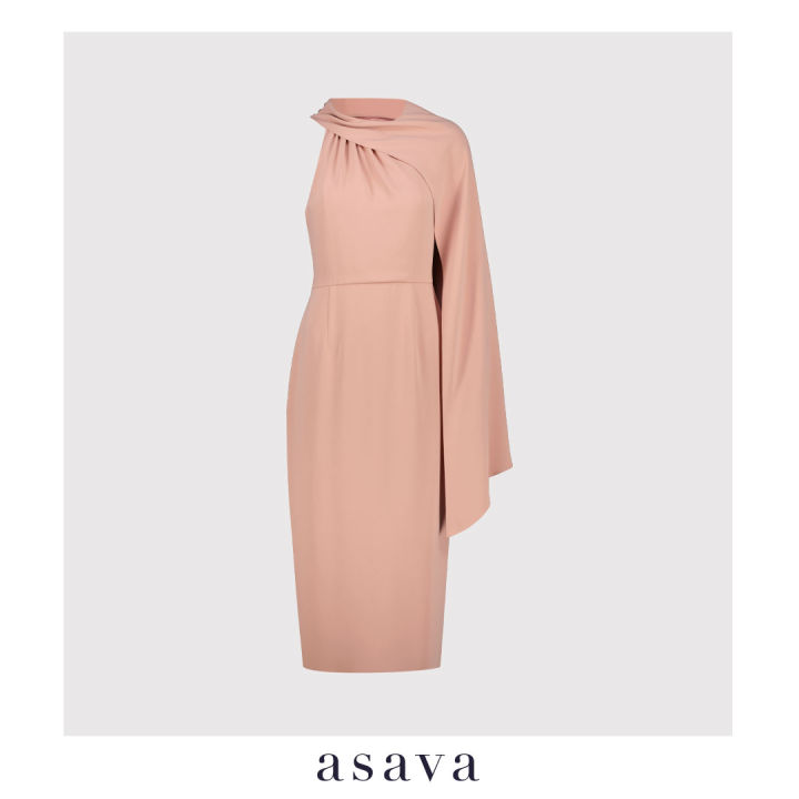 asava-aw22-claire-shawl-draped-dress-เดรสผู้หญิง-แขนกุด-ตกแต่งเดรปผ้าพันคอ-ซิปหลัง