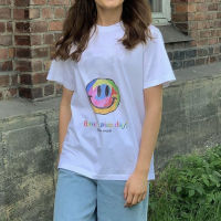 2021 Summer Print Round Neck Short Sleeve Top Loose Rainbow Letter Smiley T-shirt Women T-shirt