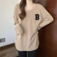 Long Sleeve Corduroy T Shirts Women B Letter Embroidery Tee Shirt Loose Chic Basic Daily Females Vintage Side Slit Casual Tops