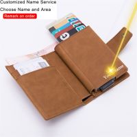 Customized Name Credit Card Holder Genuine Leather Crazy Horse Wallet RFID Anti-thelf Aluminium Box Card Case Wallet Coins Purse Card Holders