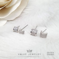 ต่างหูแป้น ฝังคริสตัลละเอียด ลาย มี2ขนาด ตุ้มหู เครื่องประดับ ER0403 ER1074 ValueJewelry