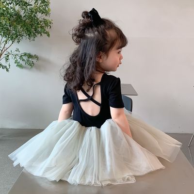 〖jeansame dress〗2022ฤดูร้อนเด็กสาวปริ๊นเซเดรสแขนสั้นเปลือยบอลชุดสไตล์เกาหลีเด็กวัยหัดเดินเด็กชุดเต้นรำ