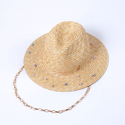 Luxury Desige Pearl Straw Fedoras หมวกโลหะ Chain ผู้หญิงฤดูร้อน Sun หมวกสุภาพสตรี Tea Party หมวกคอ Flap หมวกปานามา