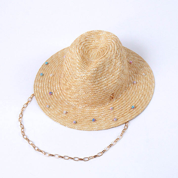 luxury-desige-pearl-straw-fedoras-หมวกโลหะ-chain-ผู้หญิงฤดูร้อน-sun-หมวกสุภาพสตรี-tea-party-หมวกคอ-flap-หมวกปานามา