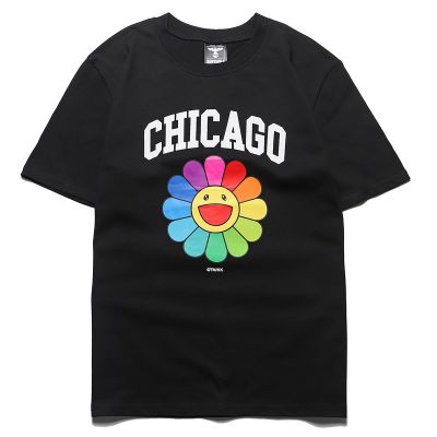 สินค้าพร้อมส่งใหม่ USA Chicago สี Sunflower พิมพ์แขนสั้นคู่แนวสตรีทแฟชั่นเสื้อยืดเสื้อยืดฤดูร้อน [M-XXL] QC7311626