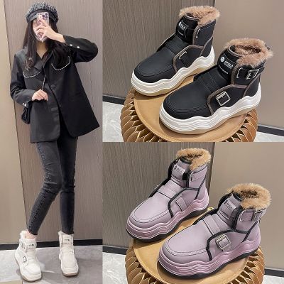 [COD] Heightened thick-soled snow boots 2022 winter new leather womens shoes plus velvet belt buckle