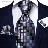 ∈☢◙ Hi-Tie Designer Grey Plaid Novelty Silk Wedding Tie For Men Handky Cufflink Gift Mens Necktie Fashion Business Party Dropshiping