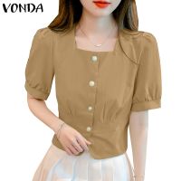 COD dhdfxcz VONDA Women Korean Casual Puff Sleeve Square-Neck Button Solid Blouse