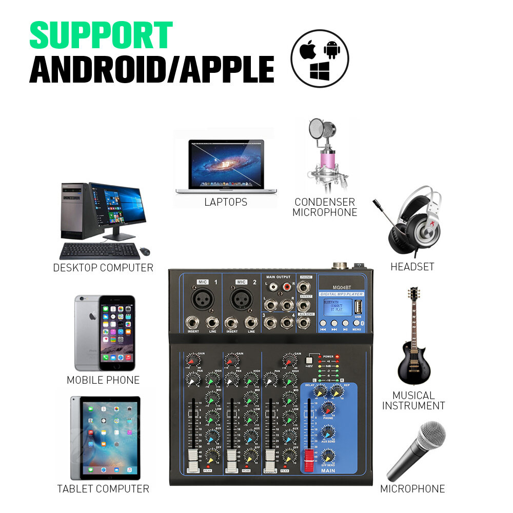 MG07BT/MG04BT 7/4-channel mixer, computer recording, KTV live broadcast, 4/7-channel small home conversion effect device, USB Bluetooth