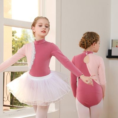 ชุดเต้นรำคอเต่าสำหรับเด็กผู้หญิง,ชุดบัลเล่ต์คอหงส์ทะเลสาบเครื่องแต่งกายยิมนาสติกแขนยาวชุดบัลเล่ต์สีชมพู
