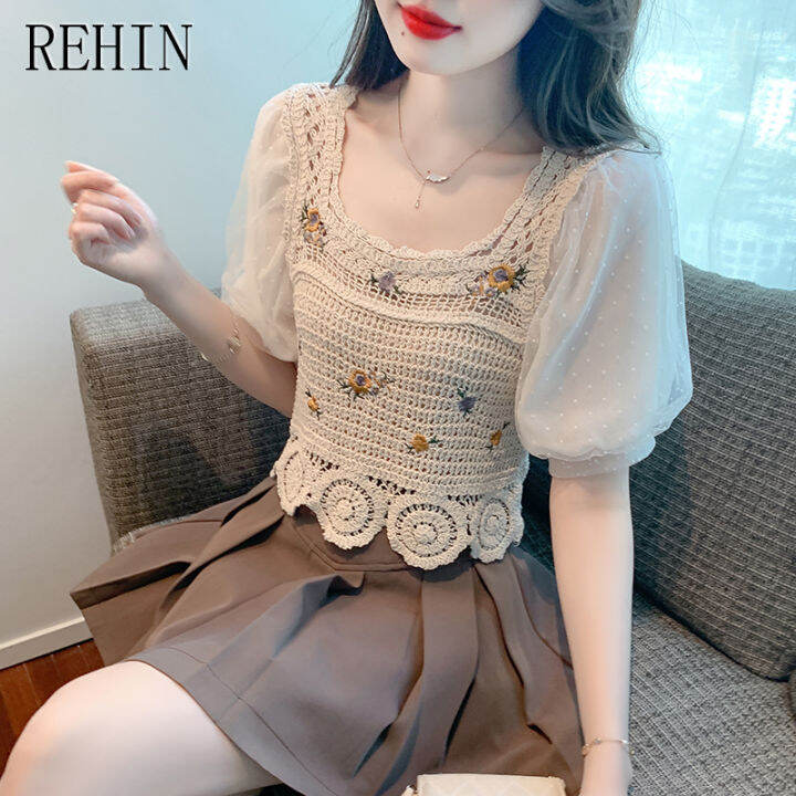 rehin-เสื้อแขนสั้นผู้หญิงสำหรับฤดูร้อนใหม่เสื้อถักแบบผ่าหน้าคอสี่เหลี่ยม